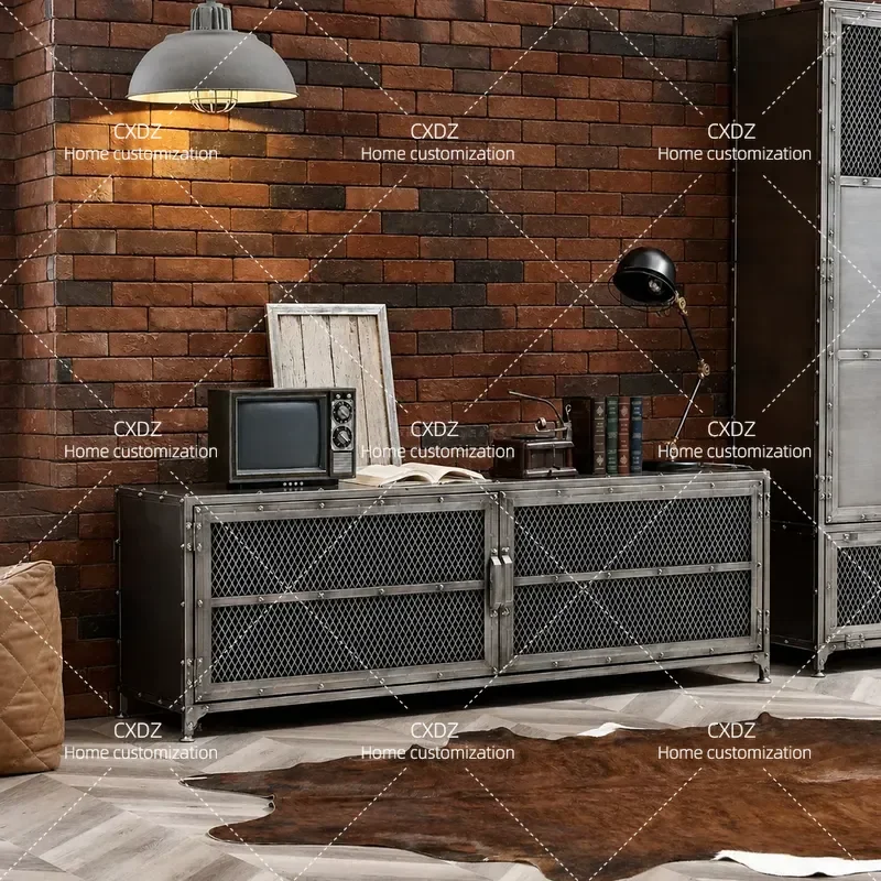 Industrial Wrought Iron TV Cabinet Low Console with Mesh Doors Retro American Style Floor Storage Locker Decorative Media