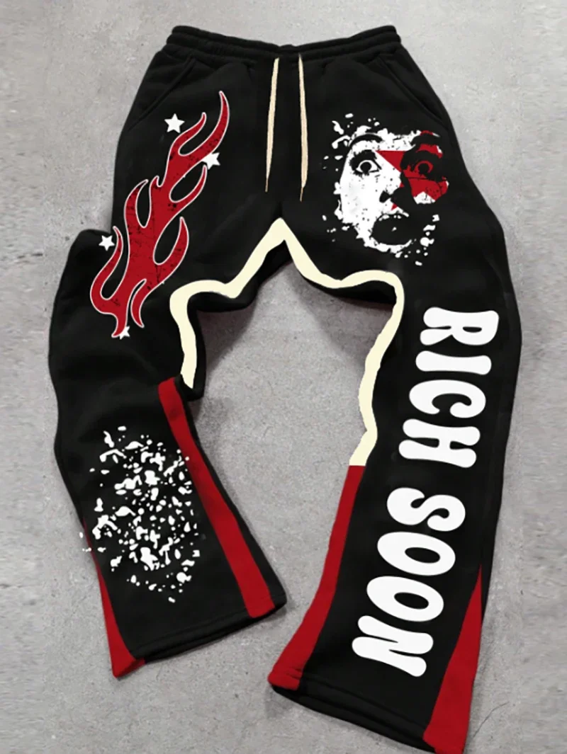 

Мужские модные повседневные спортивные штаны в стиле хип-хоп с яркими пламенными элементами в сочетании с «RICH SOON» Привлекательные для уличной одежды