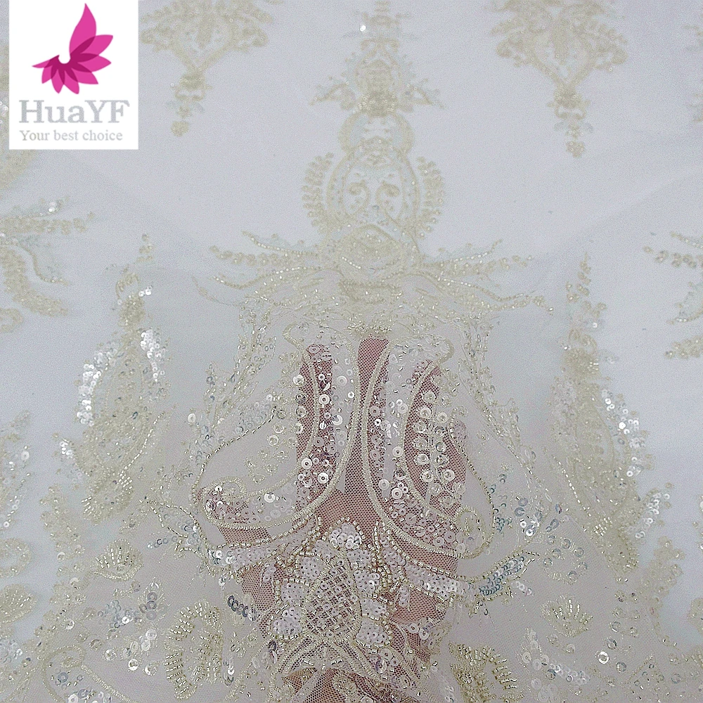 Luxury white French embroidered lace bridal lace fabric, European and American high-end bead tube sequin fashion we Sell By Yard