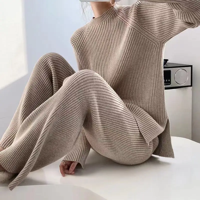 

Autumn Women'S Two 2 Pieces Pant Suit Solid Knit Long Sleeve Sweater Jumper Half High Collar T-Shirt Wide Leg Pants Set Casual