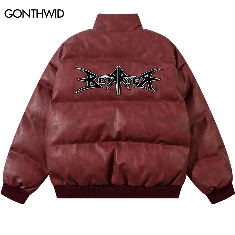 Hip Hop Winter Leather Jacket Streetwear Embroidered Thick Warm Padded Bomber Coats Men Punk Gothic Oversized Waterproof Parkas