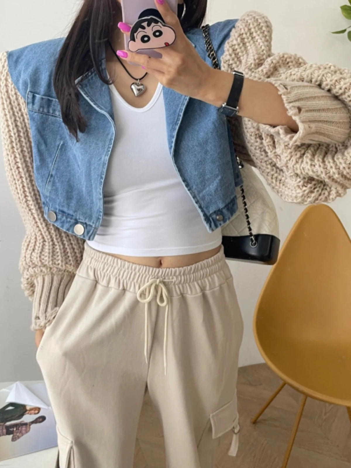 Retro Knitted Sleeve Patchwork Denim Jacket Women's Short Style Double Buttoned Jacket Trendy Cotton Composite Fabric