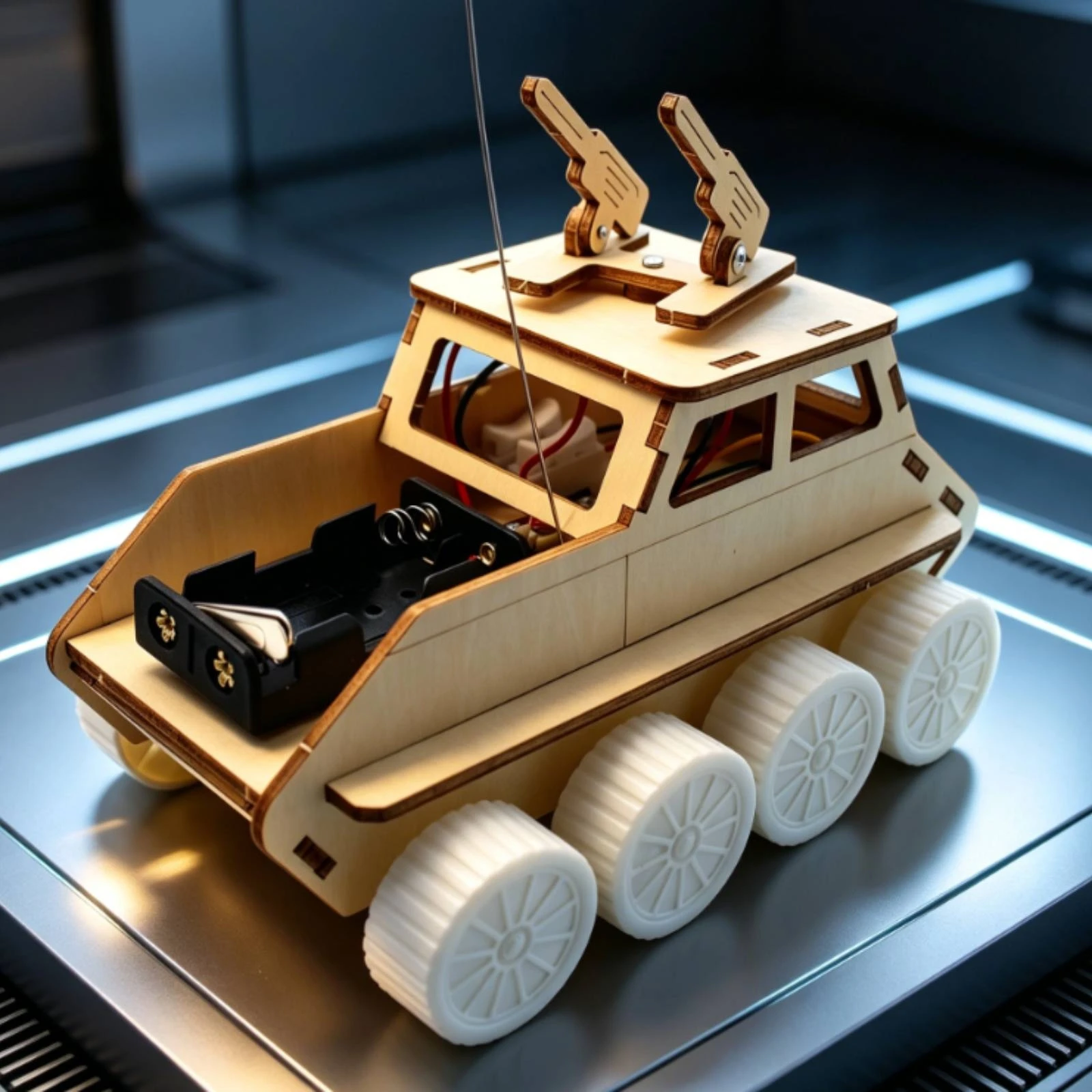 Wireless-Control Tank Car Compact Laser-Cut Wooden Vehicle Kit DIY Armored Vehicle Model Educational Wireless Control Car Kit