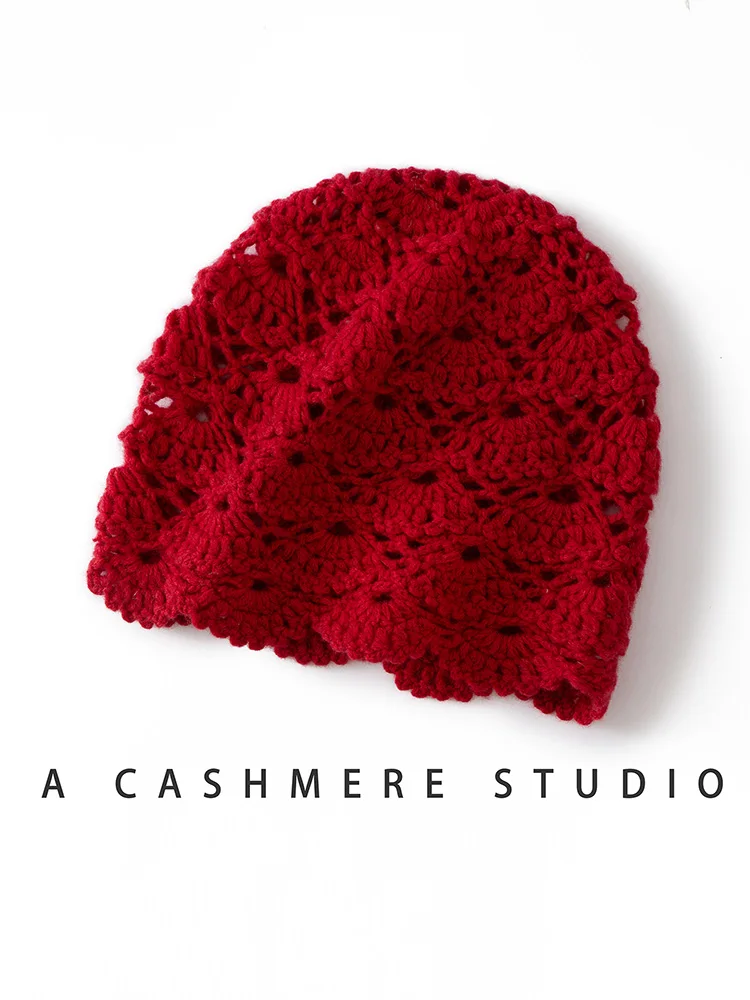 女性の 100% カシミヤ手作りカシミヤ帽子中空かぎ針編みパターン帽子秋冬高品質ニットファッショントップス