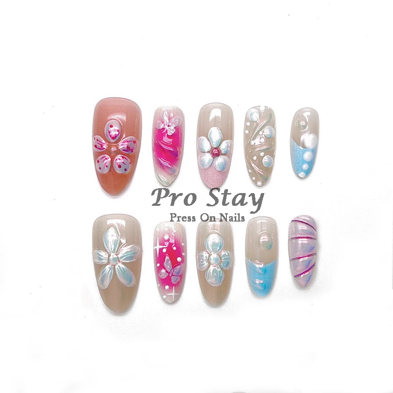

10pcs Pink Almond French Handmade Press on Nail with Silver 3D Pearl Bow Flower Pattern Reusable Full Cover Tips for Women