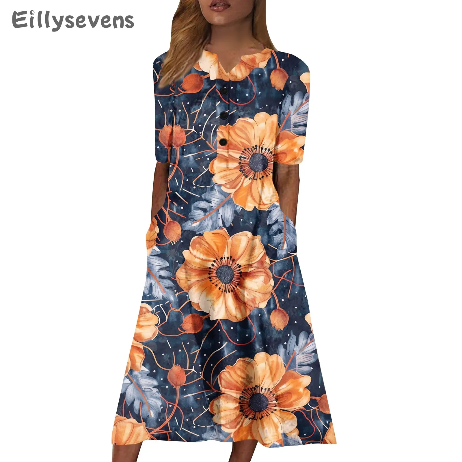 dresses for women Summer dress Casual Floral Print Short Sleeved long Dresses Seaside Fashion Loose elbise vestidos para mujer