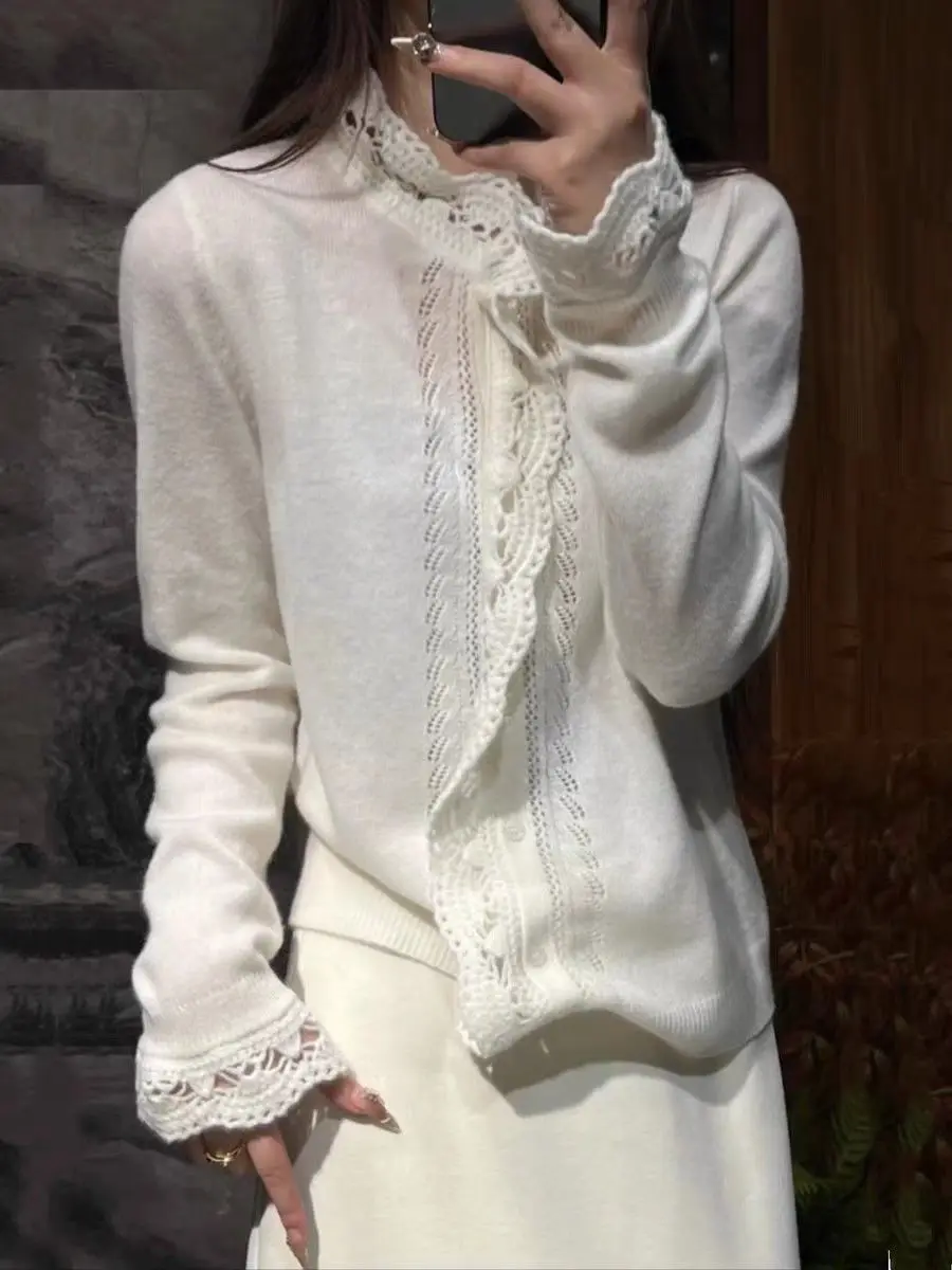 

2026 French Style Knit Cardigan White Women's Ruffle Lace Collar Cropped Spring Soft Sweater