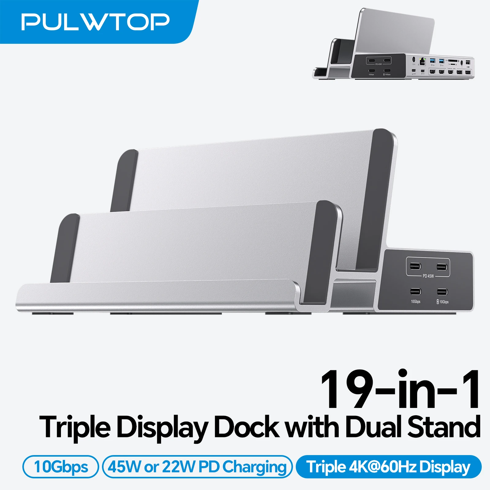 PULWTOP 19-in-1 Triple Monitor Docking Station for Laptop, with 3 HDMI, 2 DP, 45W PD, 5 USB for MacBook/Windows(Driver Required)