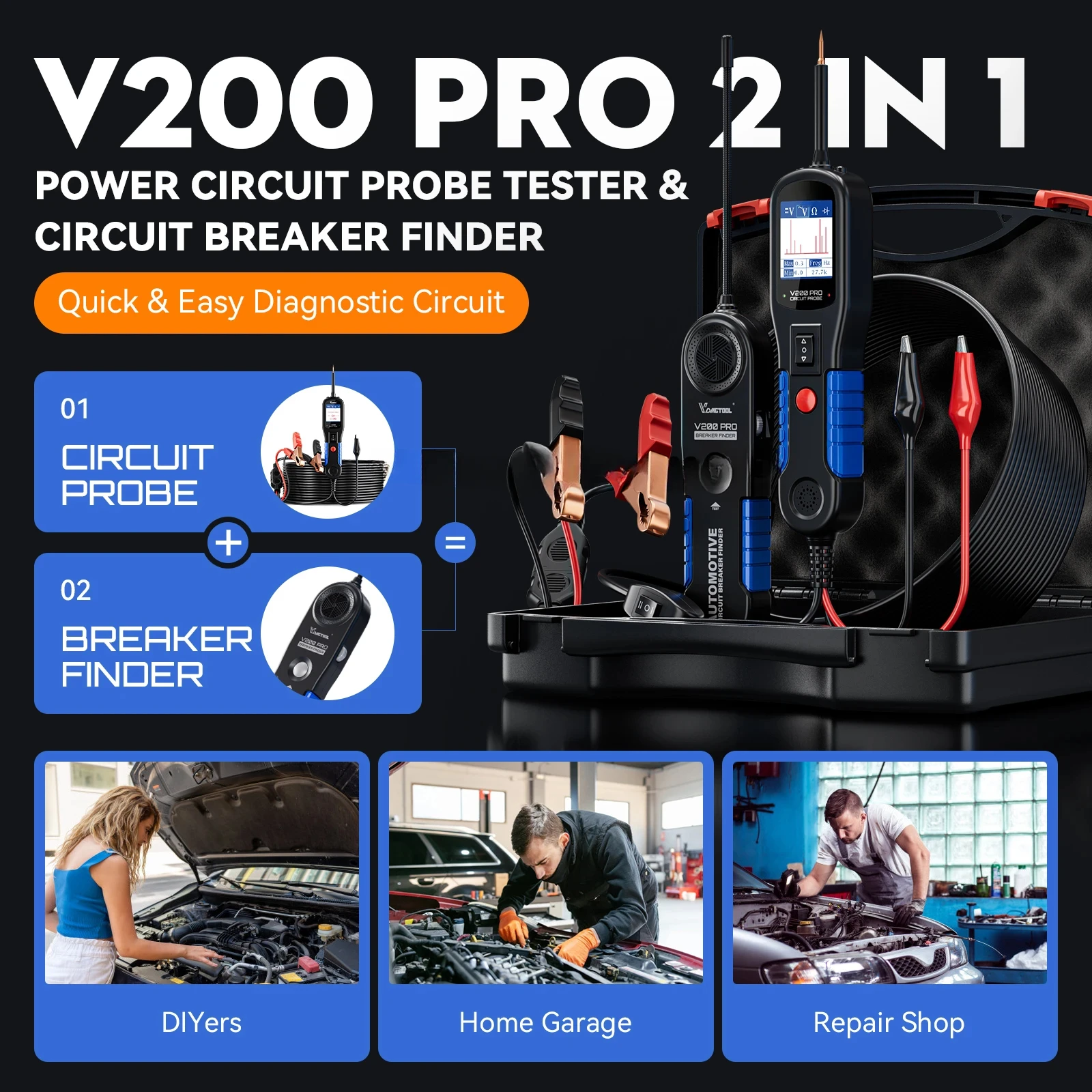 Vdiatool v200 pro testador de sonda de circuito de energia automotiva, ferramenta de localização de disjuntor 12/24v ac dc tensão reboque relé fusível teste