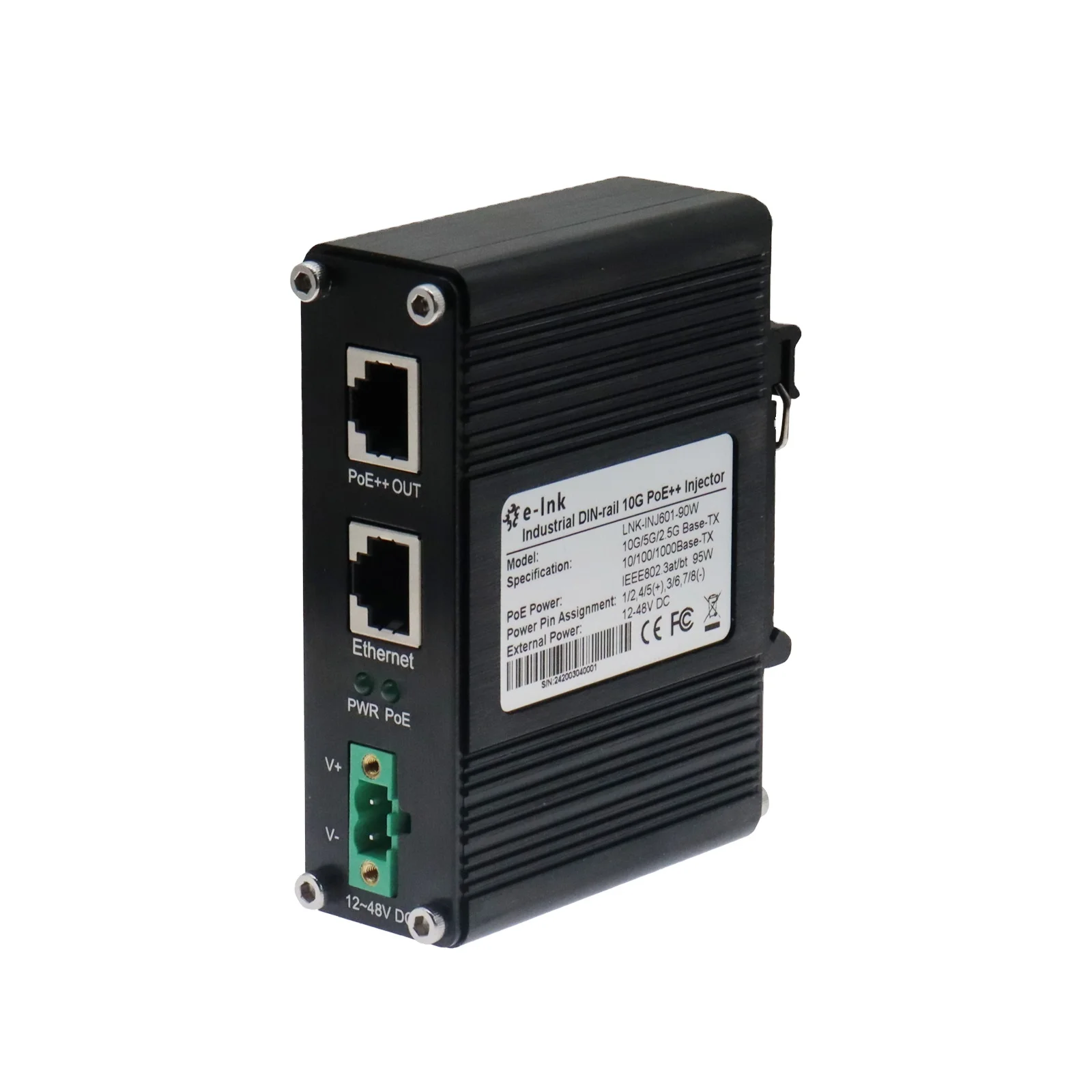 PoE Injector 10G 95W 802.3bt Industrial Din Rail Power Injector Adapter 12~48V DC Input with Booster Function Outdoor