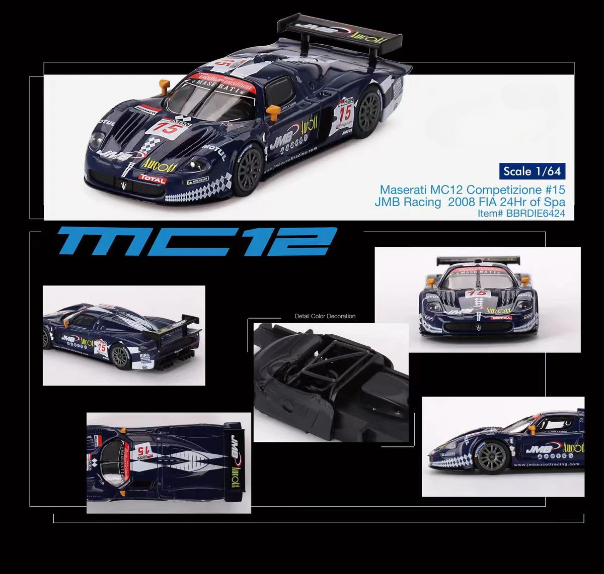 

1:64 Maserati MC12 Blue #15 JMB Racing 2008FIA 24H Alloy Model