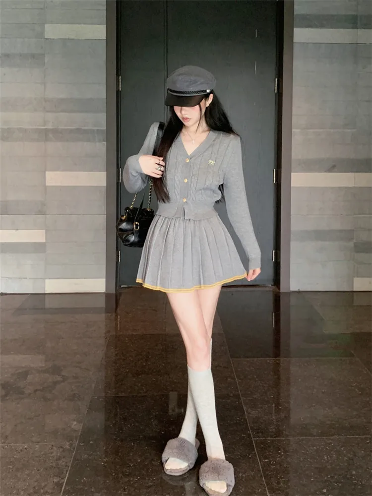 New 2024 Fall Fashion Grey Knit 2 Piece Sets Long Sleeve V Neck Cardigan&Pleated Mini Skirt Women Two Pieces Slim Sweater Suits