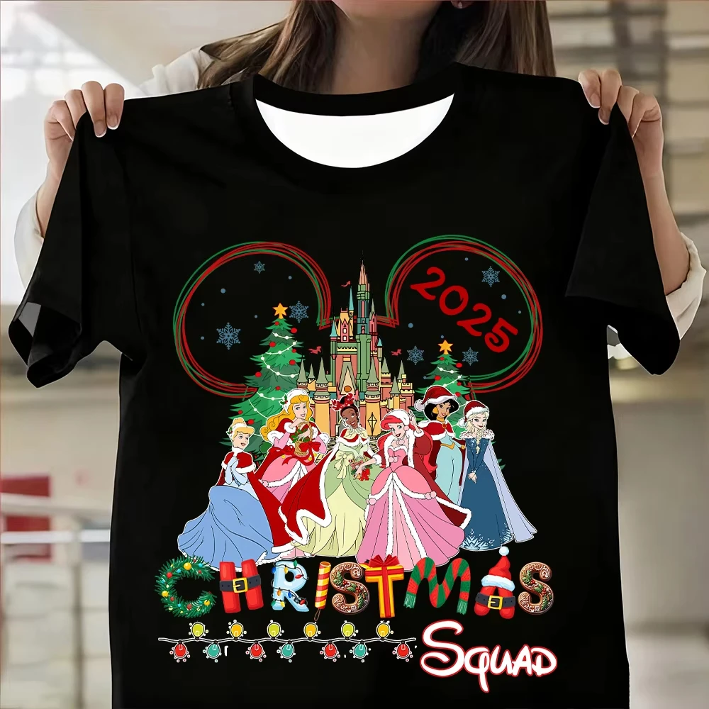 Camiseta con estampado navideño de princesa de Disney para mujer, camiseta transpirable de talla grande, ropa deportiva de manga corta estilo Y2k a la moda