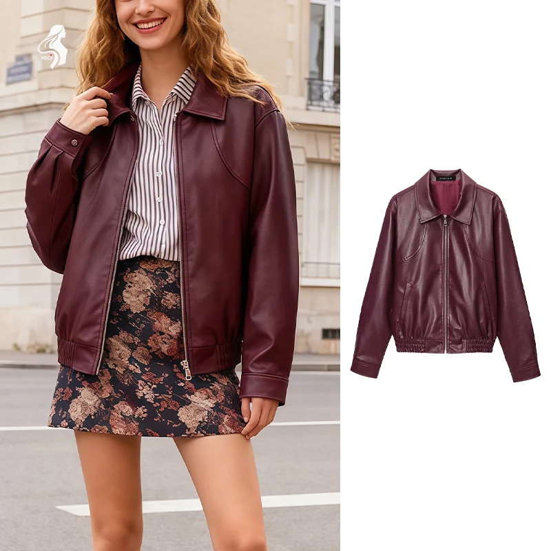 

Женская винтажная кожаная куртка в американском стиле, повседневная уличная одежда, женская простая бордовая кожаная куртка на молнии с лацканами Trafizaran