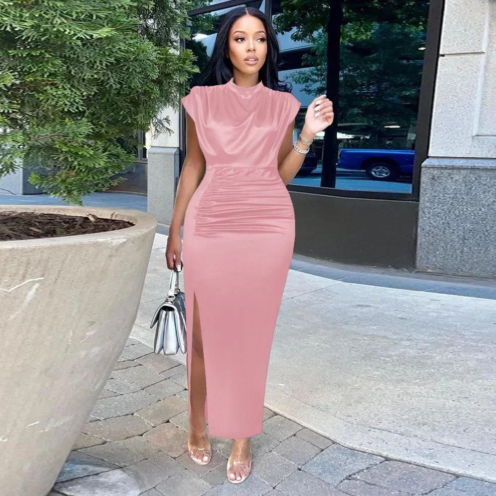 Women Shiny Long Dress Pleated Long Green Elegant Slit High Collar Slim Fit Sleeveless Maxi Robes Female Gowns Party 2024 Spring