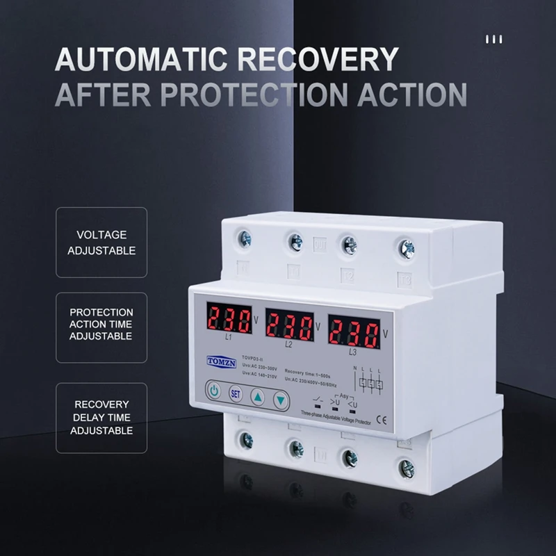 TOMZN Three Phase Adjustable Over And Under Voltage Protector Automatic Recovery Protective Device Reset 63A 380V