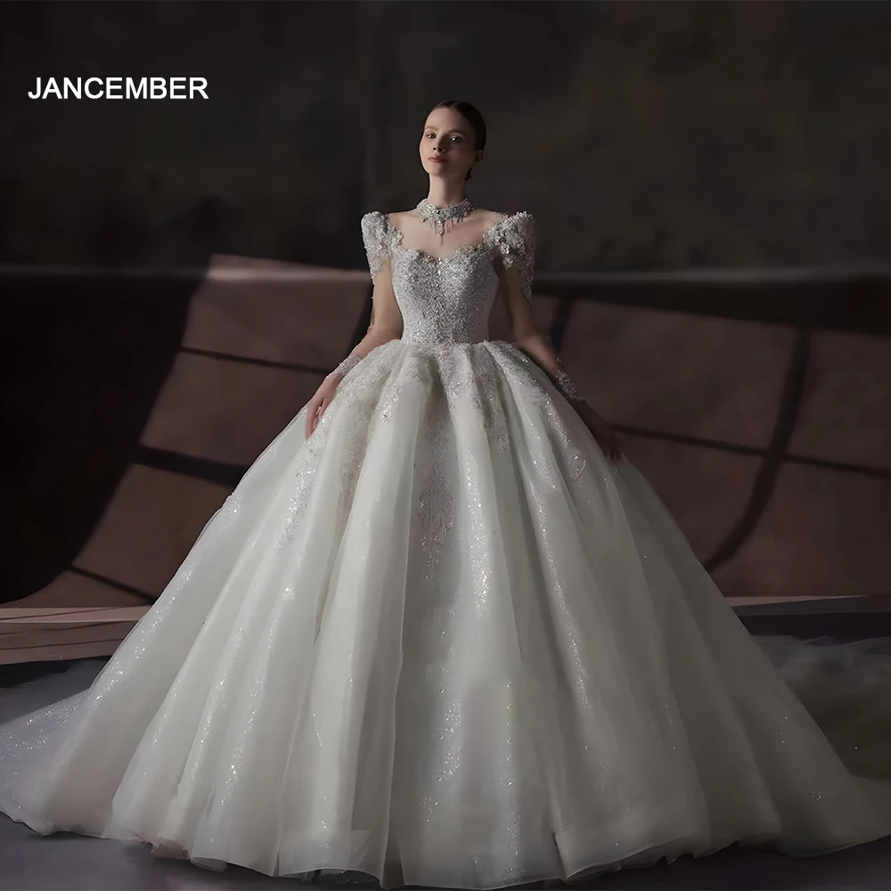 Jancember Perfect Popular Design Wedding Dresses For Women Full Sleeves O-Neck Illusion Backless Beading Sequined LSHT012