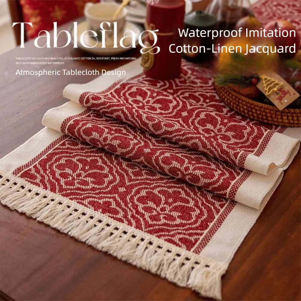 Polyester Christmas Table Runner Santa Claus Pattern Snowflake Pattern Long Tablecloth Cartoon Pattern Multi-Color Tassel