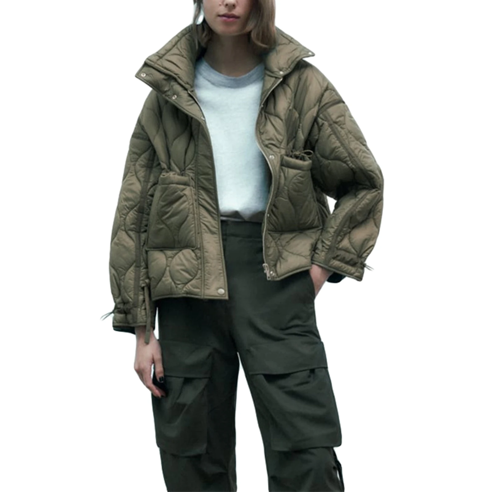 Casaco leve acolchoado para puffer feminino, Parkas casual, manga comprida, gola alta, jaquetas com zíper, casacos quentes, inverno