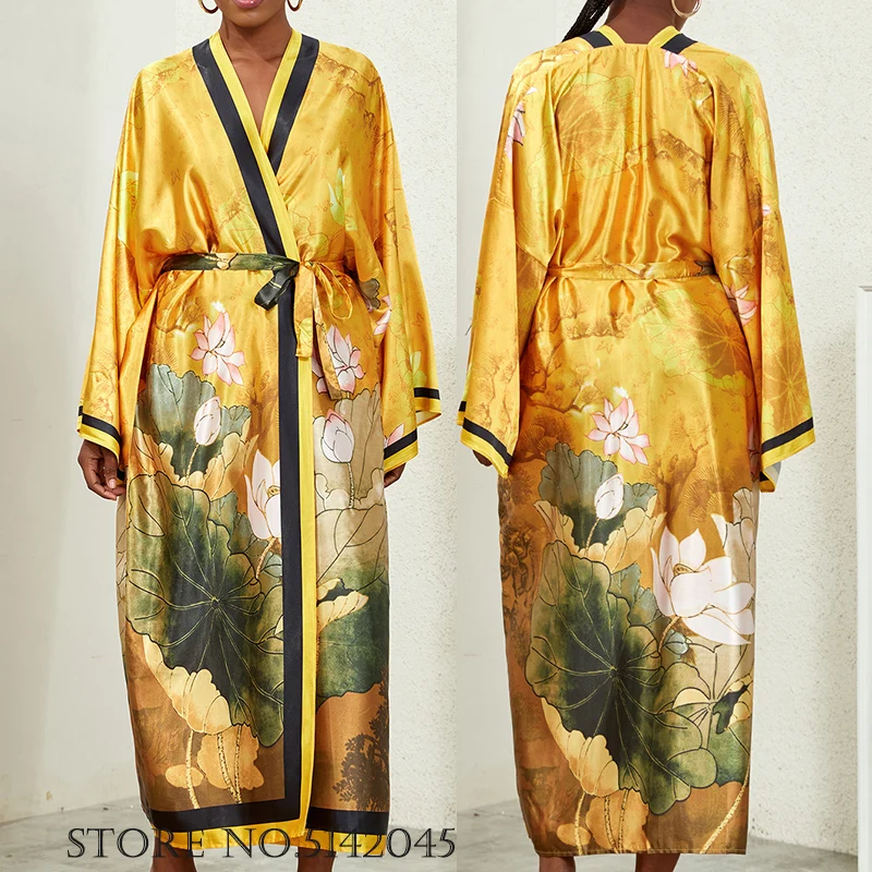 Long Kimono Bath Robe Gown Wide Sleeve Print Flower Robe Women Satin Nightgown New Silk Satin Nightdress V-Neck Lounge Sleepwear