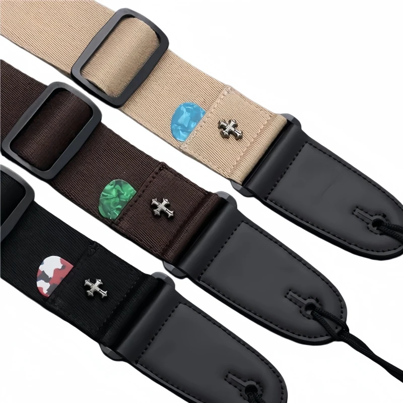 Miwayer Electric Acoustic Folk Guitar Strap Vintage Cross Design with Pick Pocket Guitar Accessories for Musician Stage