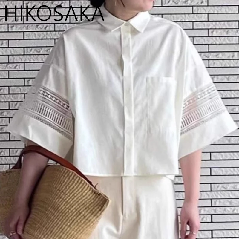 

Japan Style Literature Retro Fashion Blouse Women Turn-down Collar Loose Hollow Out Short Sleeve Shirts All-match Elegant Top