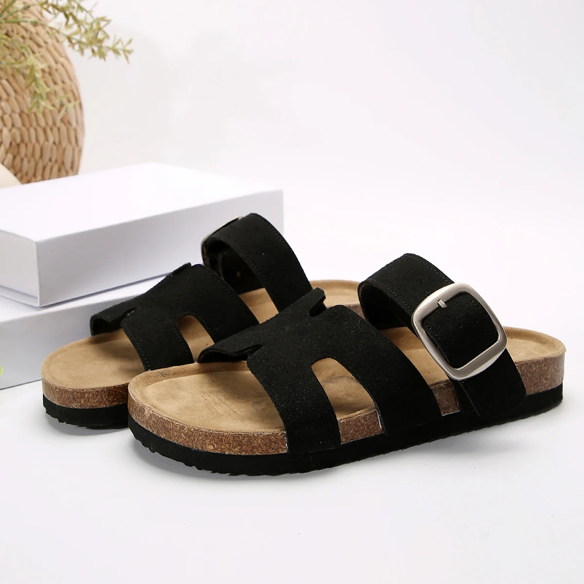Sommermode Wildleder Hausschuhe mit Fußgewölbeunterstützung Outdoor klassische verstellbare Schnalle Strandrutsche Damen Kork Clogs Sandalen – Detail 15