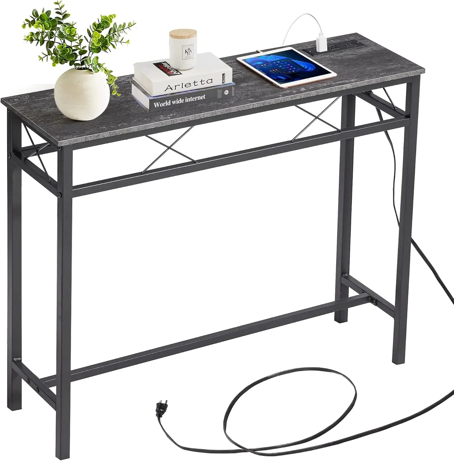 

39.4In Narrow Sofa/Console Table With Charging Station & Power Outlet And Usb Ports, For Entryway, Living Room, Office,