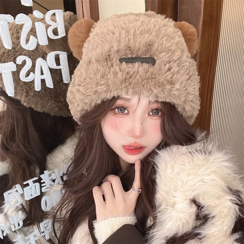 

New Women Winer Warm Woolen Hat Bear Ear Thick Plush Fashion Cute Casual Ear Protection Females Hats Leisure Sweet Ladies Caps