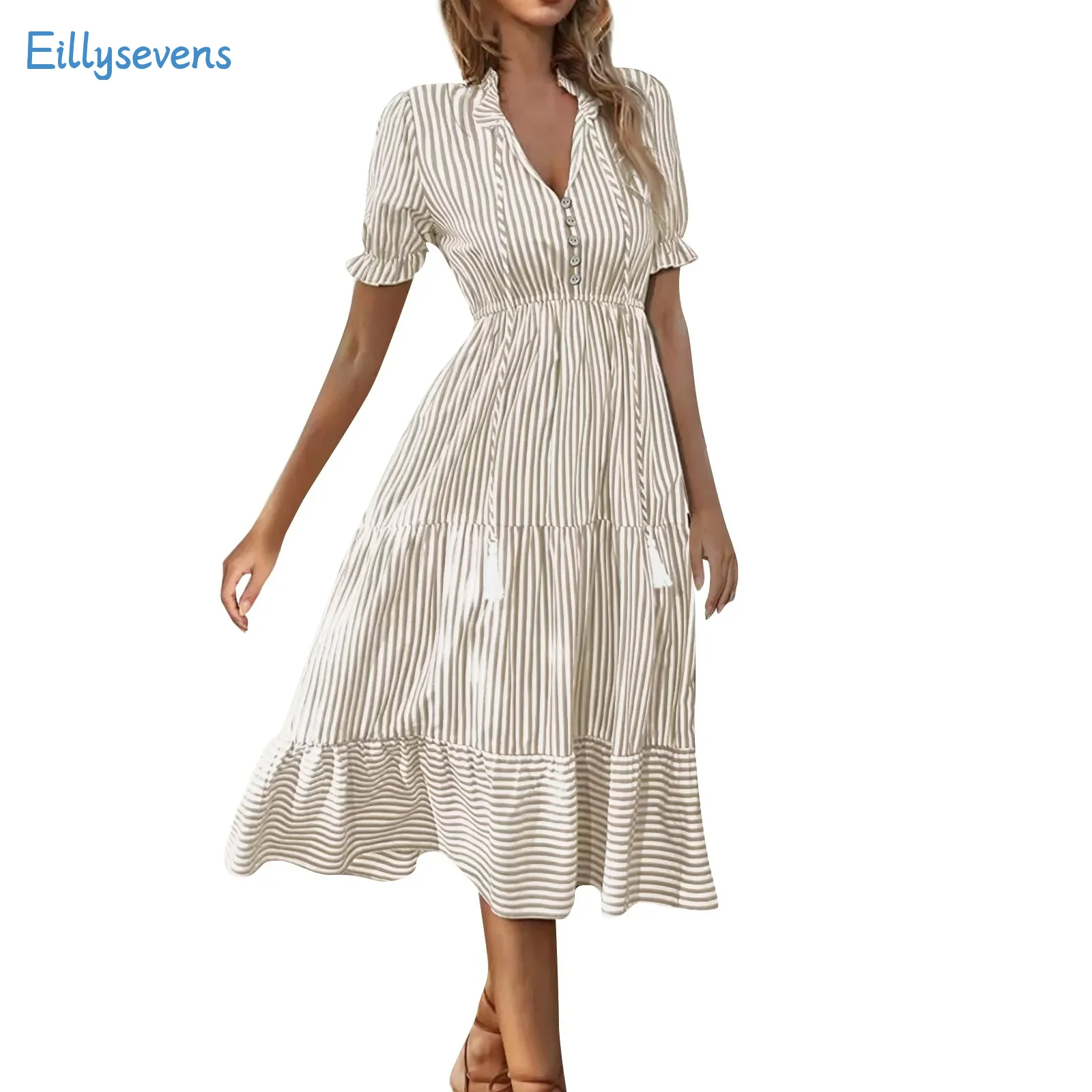 Women'S Striped V-Neck Dresses Summer New Elastic High Waist Short Sleeve Swing Dress Daily Date Vacation Matching Dress