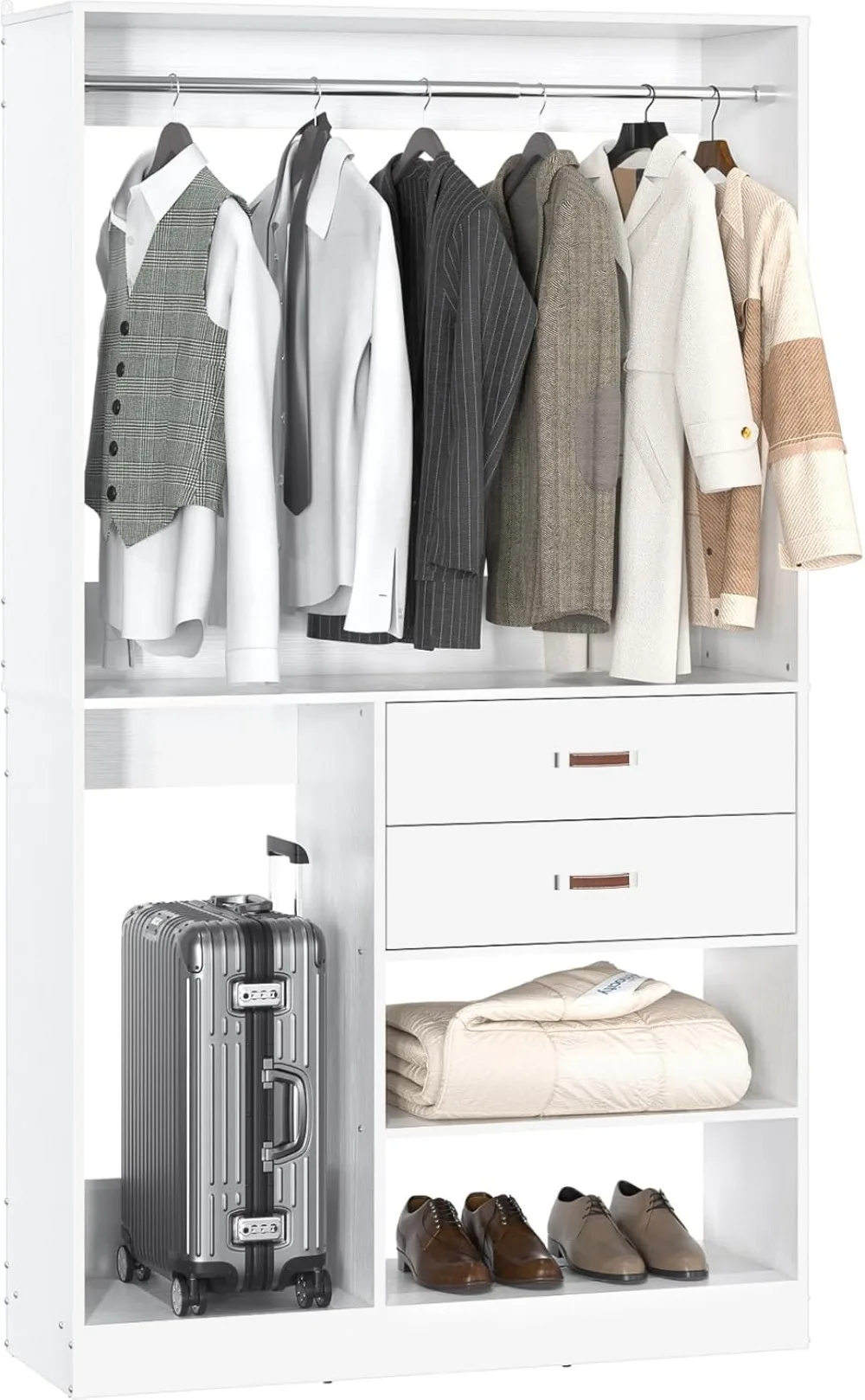 Freestanding Closet System with Suitcase Storage, 40 Inches Stand-Alone Wardrobe with 2 Wood Drawers