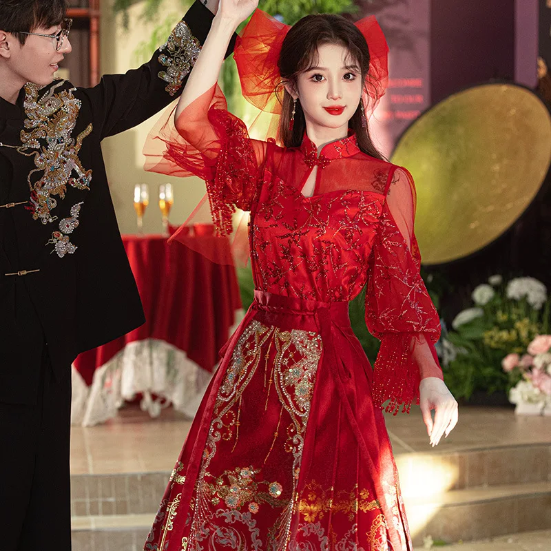 

2024, костюм с юбкой на конском лине, новый китайский стиль, улучшенное в национальном стиле, маленькое обручальное платье Hanfu для женщин