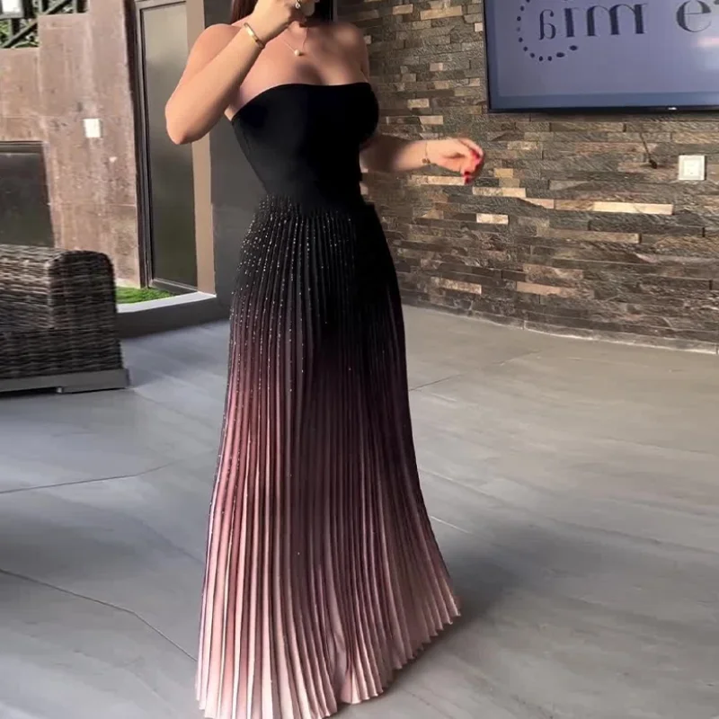 

2024 new fashionable gradient color sexy strapless pleated diamond dress for women