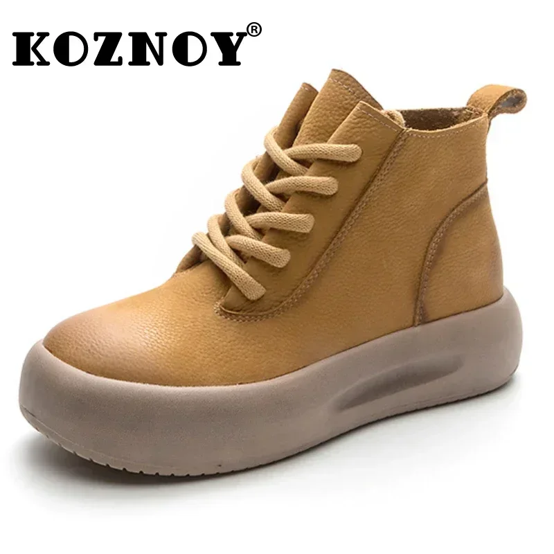 Koznoy 4.5cm Suede Genuine Leather Ankle Booties Women Platform Wedge Autumn Boot Flats Thick Sole Motorcycle Winter Plush Shoes