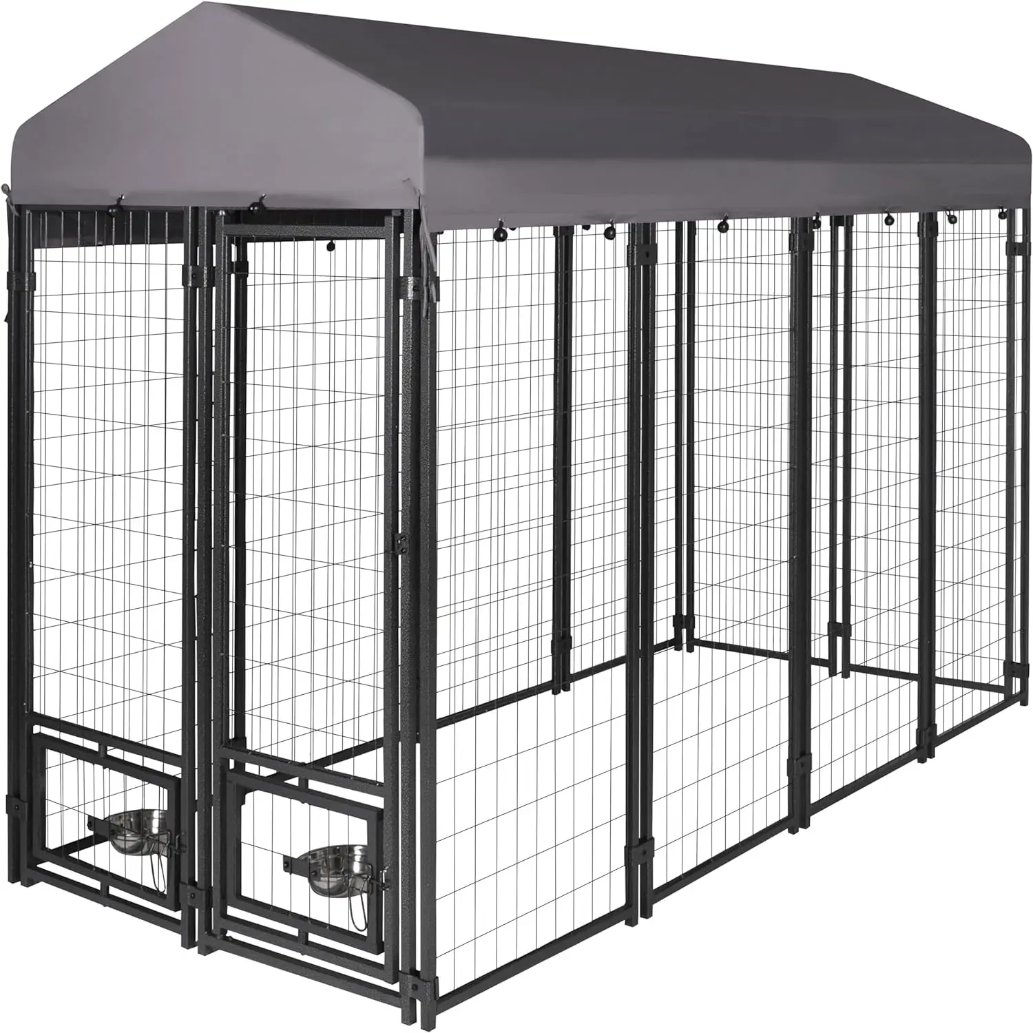 

Large Dog Enclosure Dog Playpen House Heavy Duty with Canopy, Door, 2 Bowl Holders and Bowls, 8'L x 4'W x 6'H