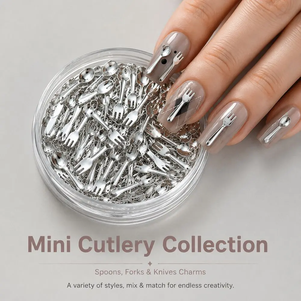 50Pcs Ins Aesthetic Korean Nail Charms Mini Cutlery Spoon Fork Metal 2‑Color Decor Accessories For Nail Art Enthusiasts DIY
