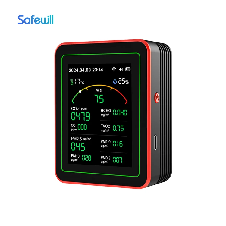 

Safewill Muti Detector 6 in 1 Portable TVOC Temperature Humidity PM2.5 PM10 CO2 CO HCHO Meter Air Quality Monitor for Indoor