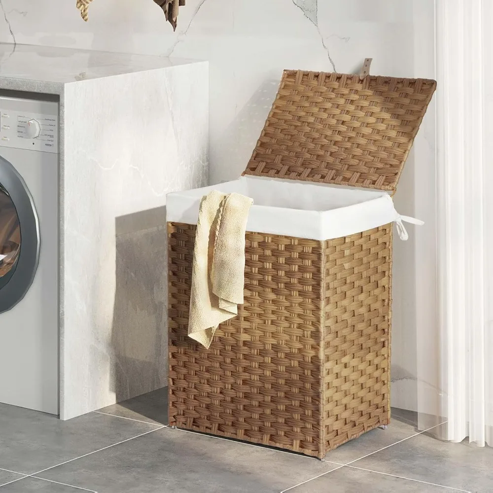 

Laundry Hamper with Lid, 90L Clothes Hamper with 2 Removable Liner Bags & 2 Mesh Laundry Bags，Bedroom Natural