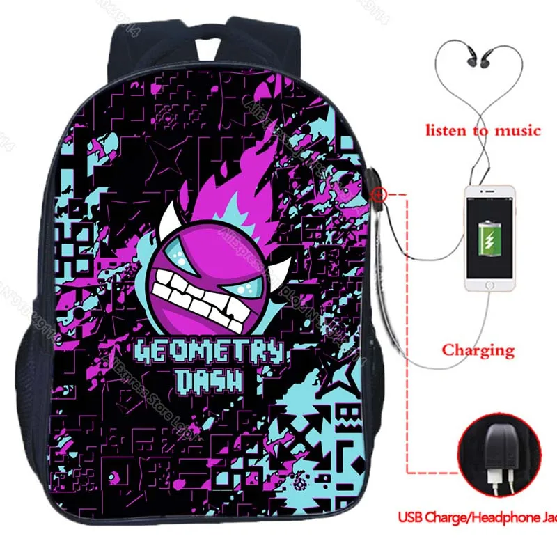 Angry Geometry Dash USB Backpacks for Girls Boys Students Anime Game School Bags Teens Travel Knapsacks Kids Cartoon Bookbags