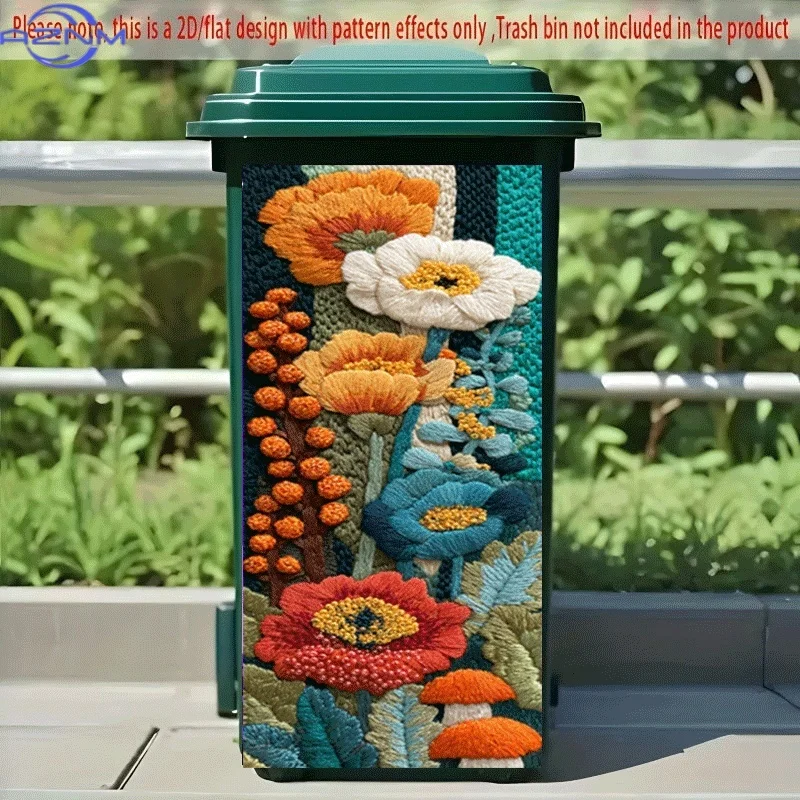 PC 2D Flat Self-Adhesive Trash Can Sticker, Colorful Floral Embroidery Pattern Decorative Sticker, Creative Trash Can Decorati