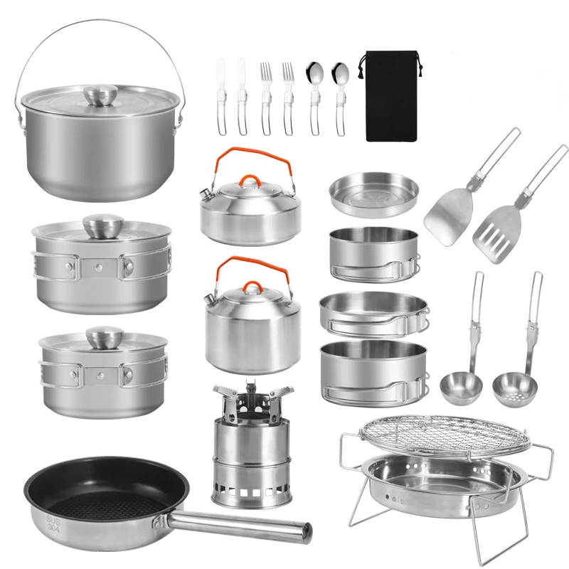 304 Stainless Steel Camping Cookware Outdoor Picnic Portable Multifunctional Storage Set Pot Camping Supplies Set