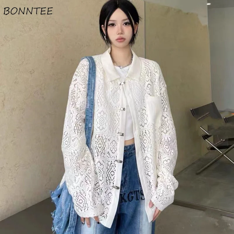 Shirts Women Solid Baggy Tender Fashion Summer Casual Hollow Out Tops Simple Sun-proof Hipster All-match BF Style Unisex Ulzzang