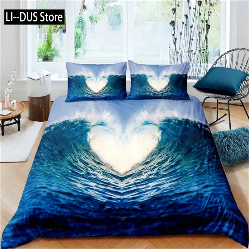 

3D Ocean Waves Bedding Set Queen Size Soft Summer Sea Beach Duvet Cover Set Hawaiian Tropical Print Comforter Cover Pillowcases