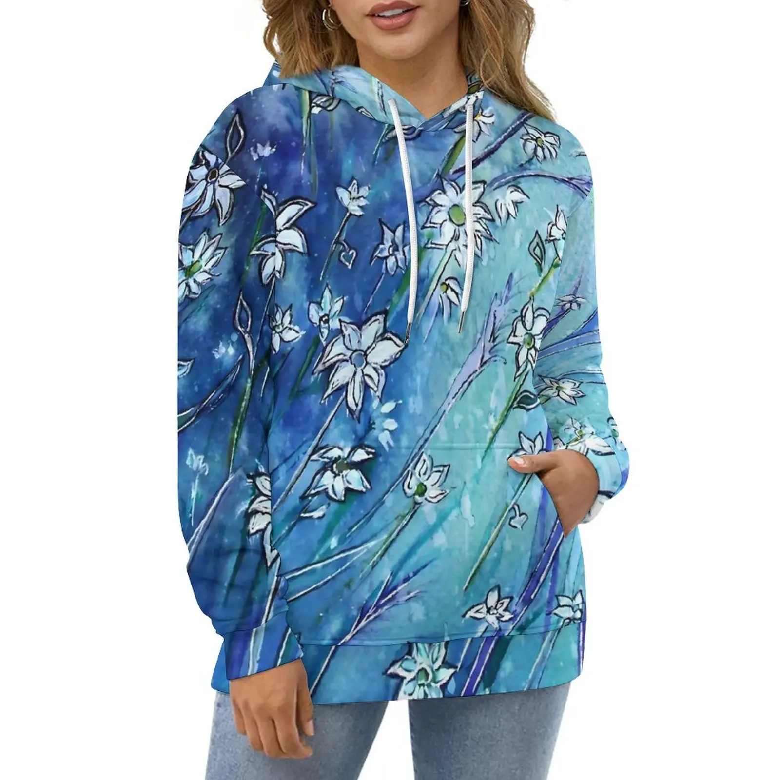 Retro Blue Fower Hoodies Long Sleeve Dainty Daisies Casual Pullover Hoodie Spring Classic Oversized Loose Hooded Sweatshirts