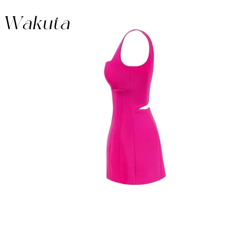 Wakuta-vestido de cóctel sin mangas con cuello cuadrado para mujer, minivestido Sexy de corte en A con cremallera en la espalda, color liso, estilo americano