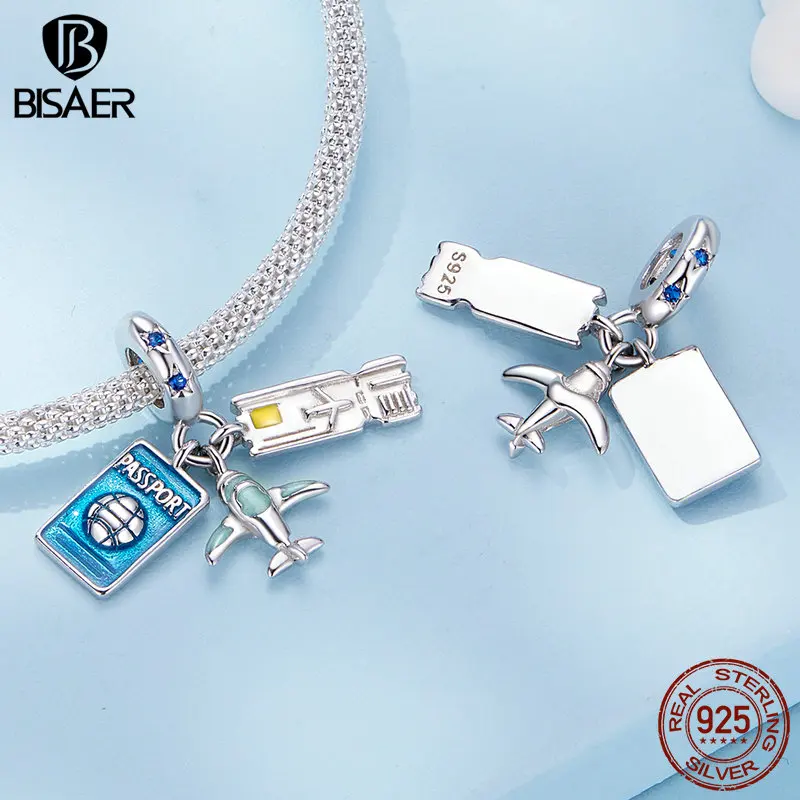 BISAER 100% 925 Sterling Silver Blue Traveling Airplane Charm Bead Suitcase Pendant Fit Women DIY Bracelet Necklace Fine Jewelry