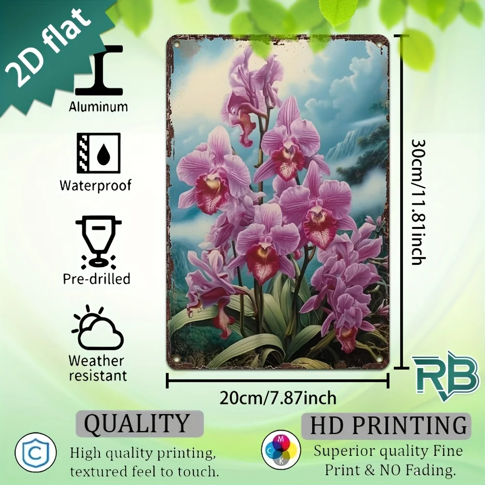 New Trendy HD Metal Wall Art - Vintage Retro 2D Flat Design Botanical Floral Illustration Featuring Exotic Pink Purple Orchids w