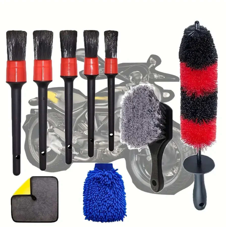 5/9pcs Motorcycle Detailing Brush Set Long Flexible Car Cleaning Brush Kit For Bumpers Bicycles Trucks Exhaust Pipes Engine Etc