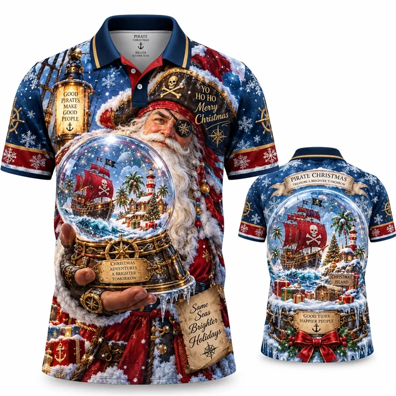 Mens Pirate Santa Treasure Christmas Polo Shirt Short Sleeve Old Map Compass Print Xmas Casual Polo Tops For Men