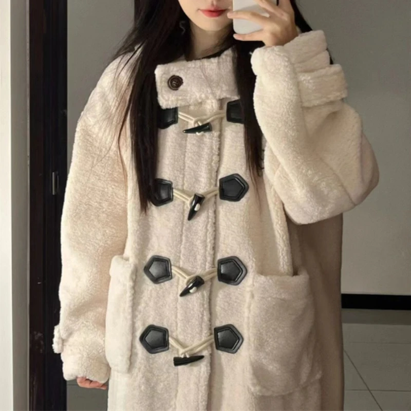 Lamb Wool Hooded Coats Women Cute Horn Button Jacket for Girls Winter Street All-match Chic Students Cozy Soft Baggy Outerwear